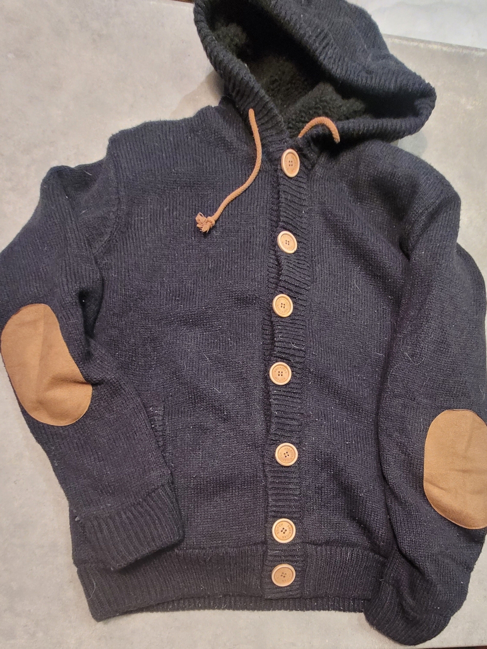American Stitch Black Hooded Button-Up Cardigan with Tan Accents
